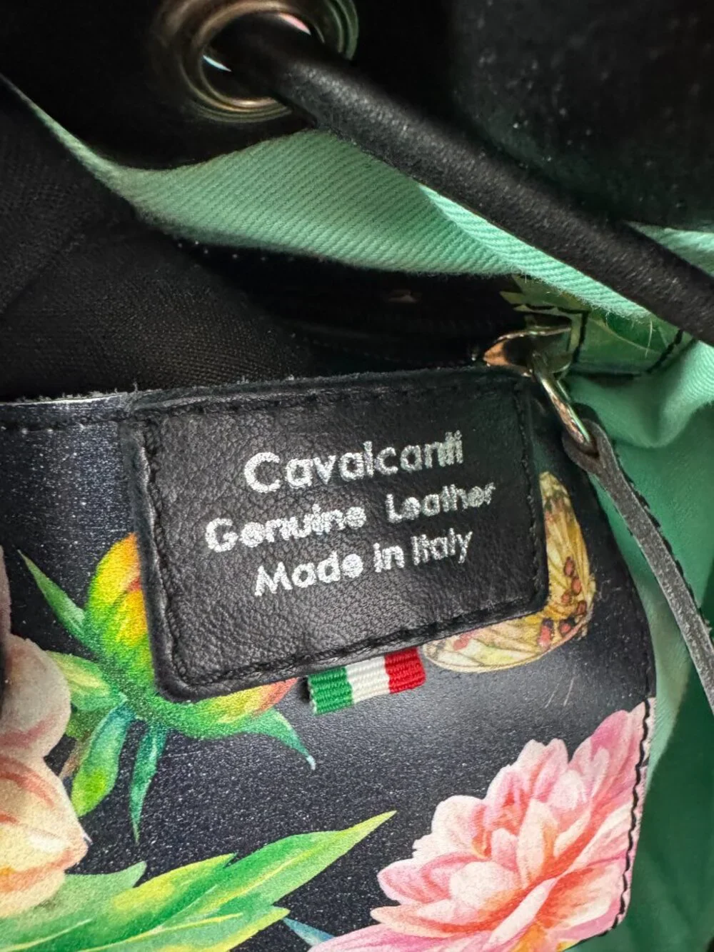 Cavalcanti Italian Black Leather Floral Spring Summer Drawstring Satchel Bag